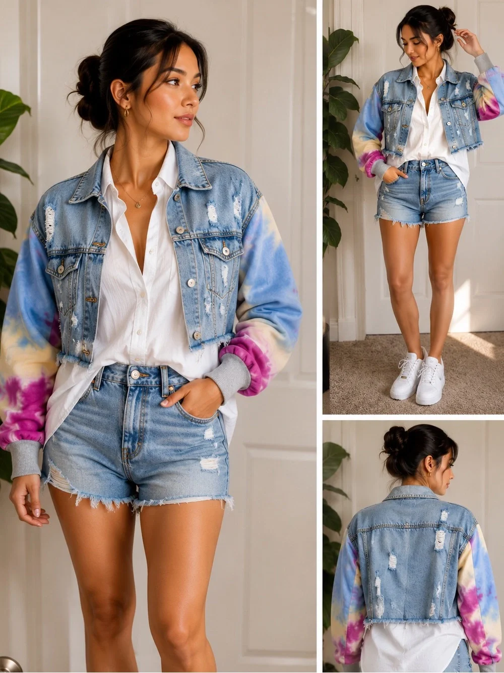 Distressed Tie Dye Light Wash Cropped Denim Jacket S/M